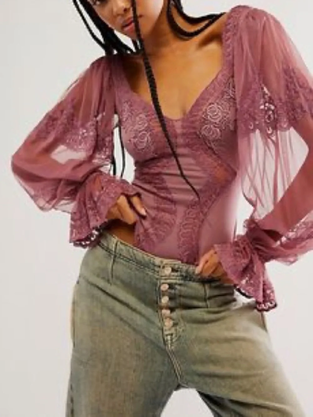 Free People Fleur Du Jour Dusty Rose Lace & Mesh Long Sleeve Bodysuit